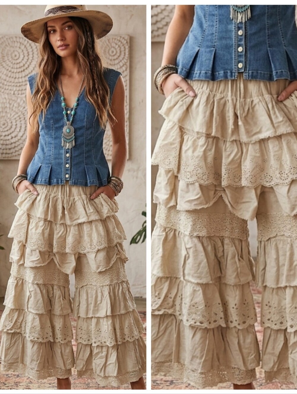 Boho Tiered Ruffle Eyelet Crochet Pants in Beige - Picture 8 of 8